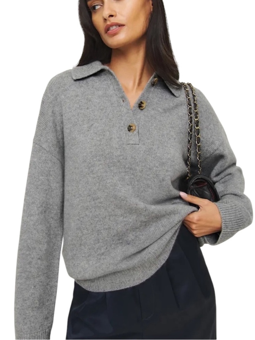 NWT Reformation Brooklyn Gray Cashmere Polo Collar Sweater - XL - Picture 2 of 15